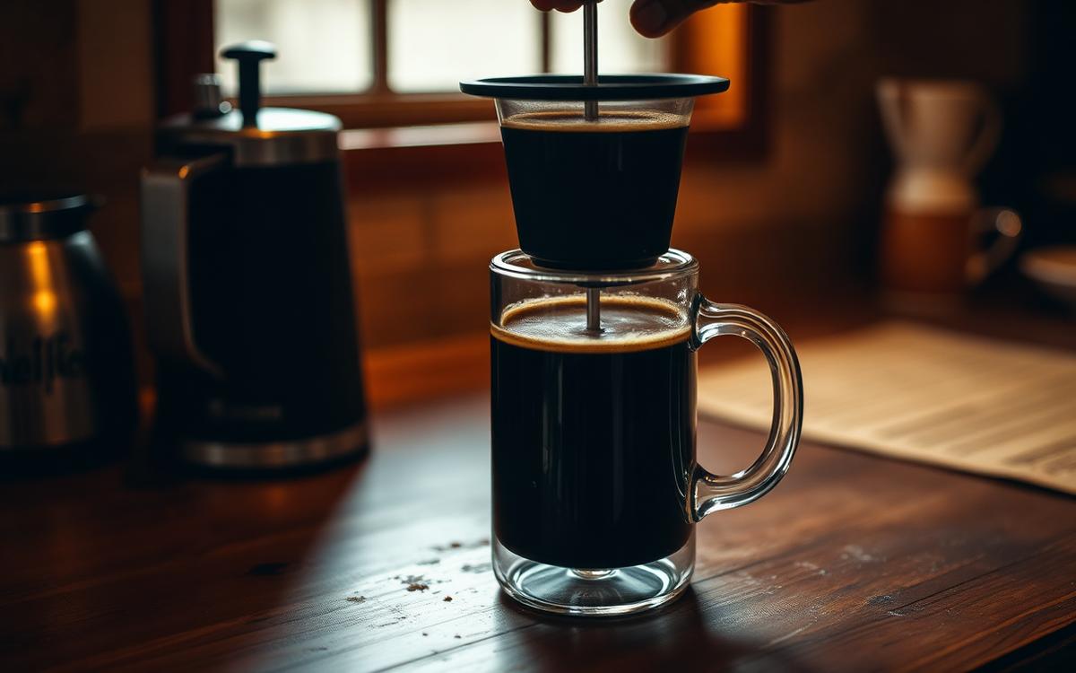 AeroPress being pressed into a clear glass mug