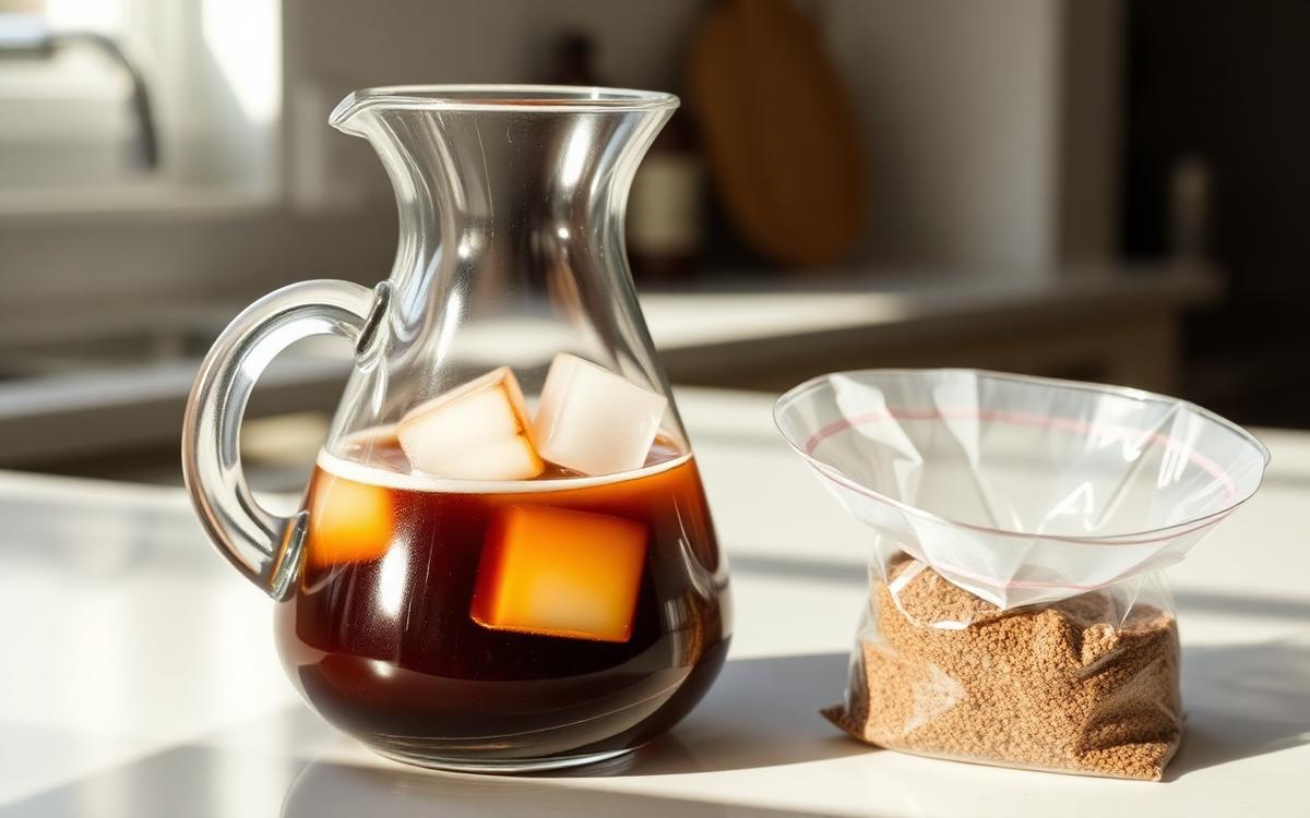 Glass carafe of cold brew concentrate beside a filter bag of coarse grounds