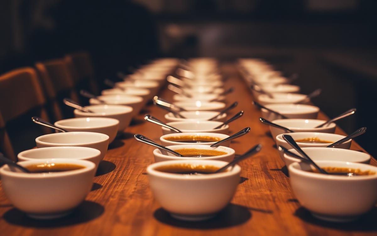Long wooden table lined with white cupping bowls and spoons