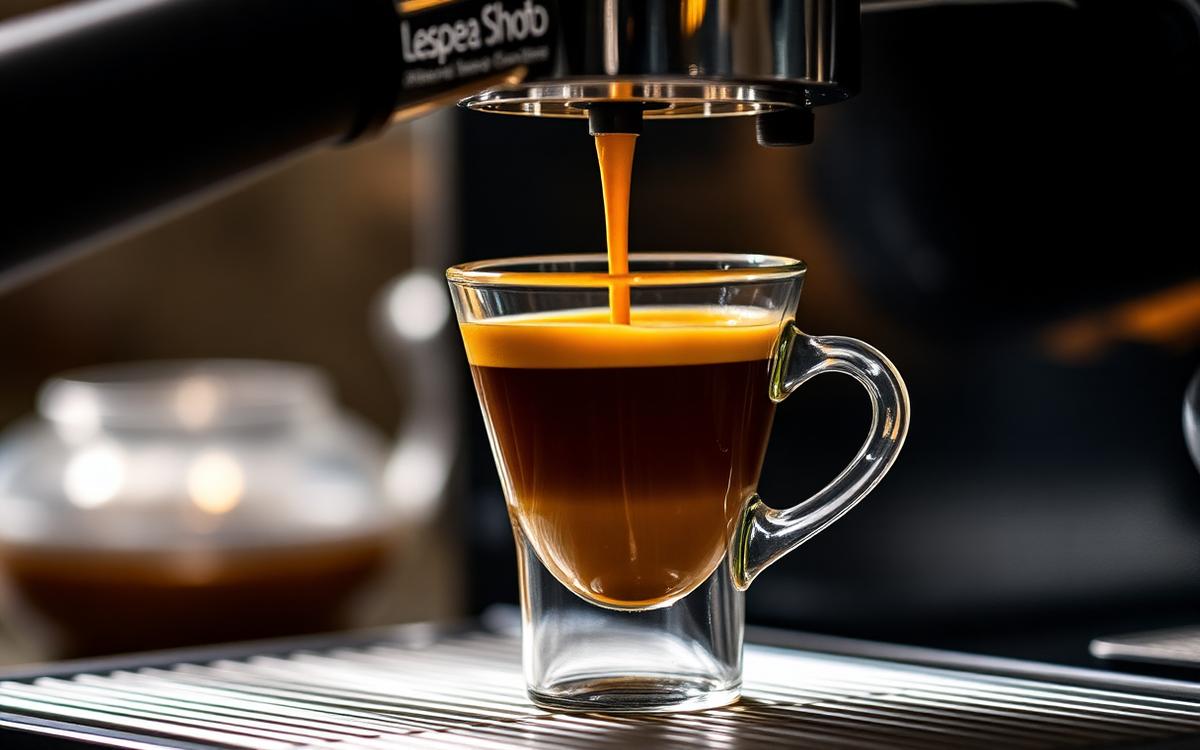 Espresso pouring into a glass cup with thick crema