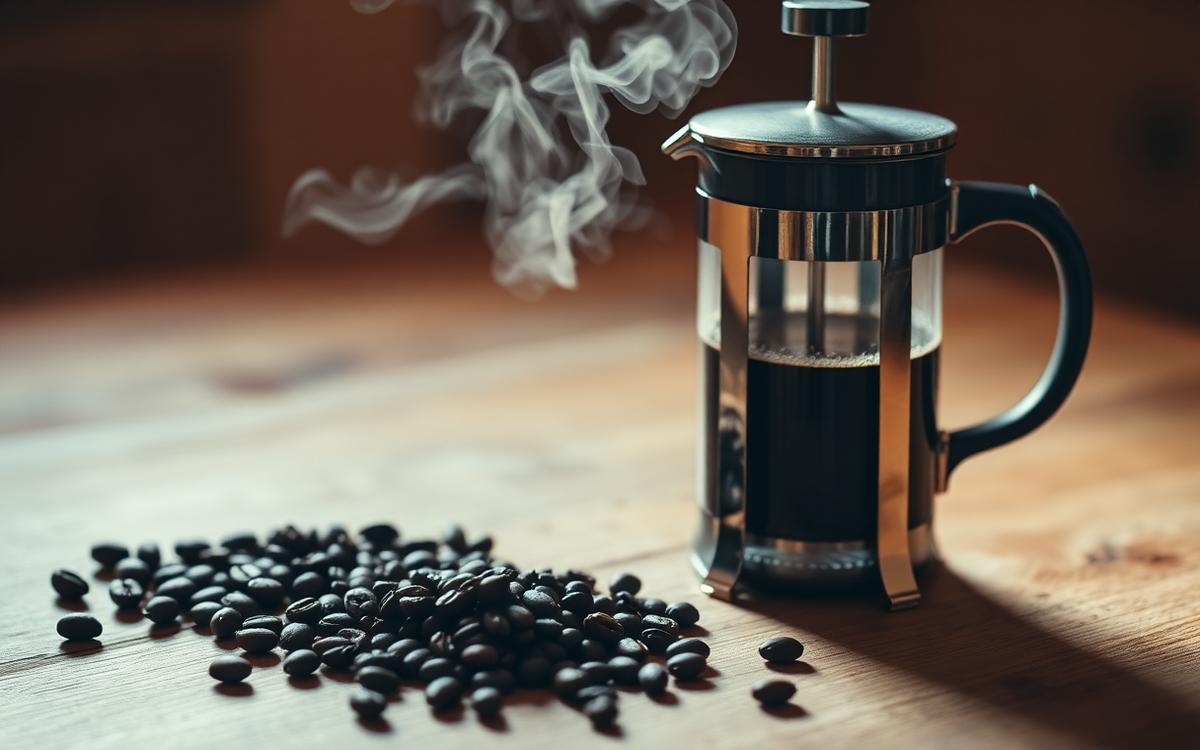 Steaming French press coffee plunger beside dark roasted beans