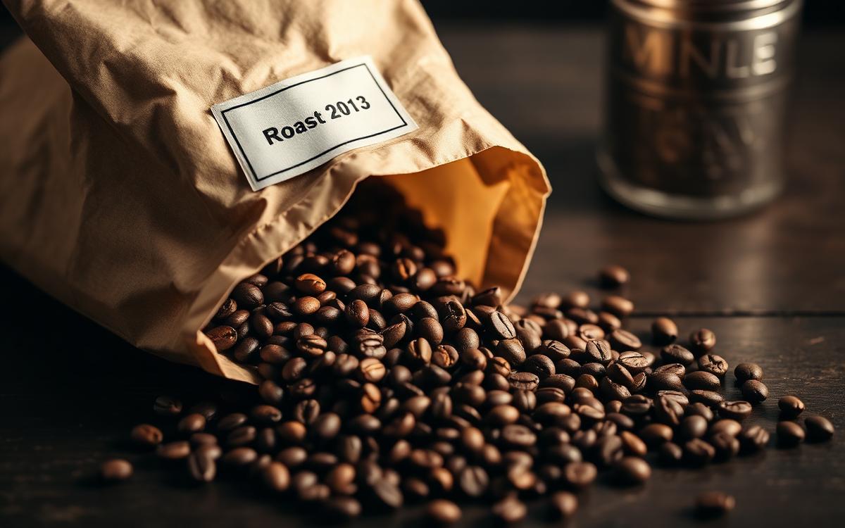 Bag of whole coffee beans with a roast date label spilling onto a dark table