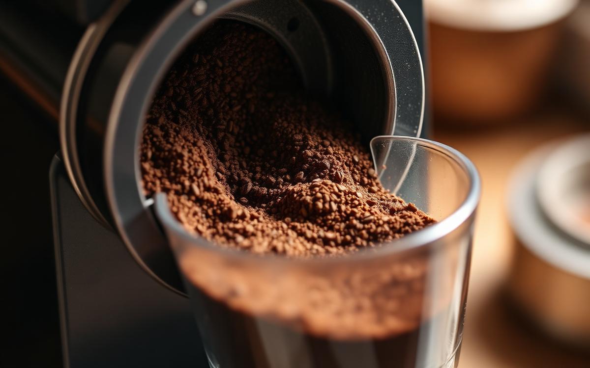 Freshly ground coffee falling into a grinder catch cup