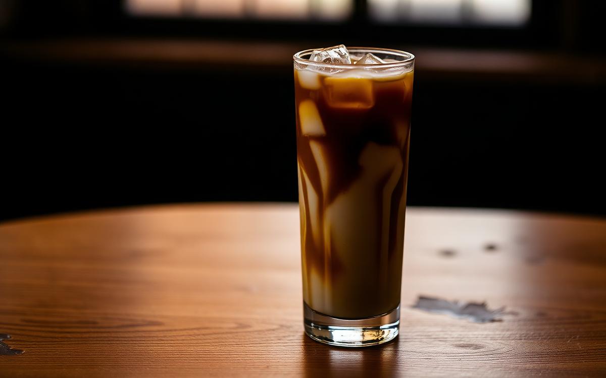 Tall glass of iced coffee with milk swirls and ice