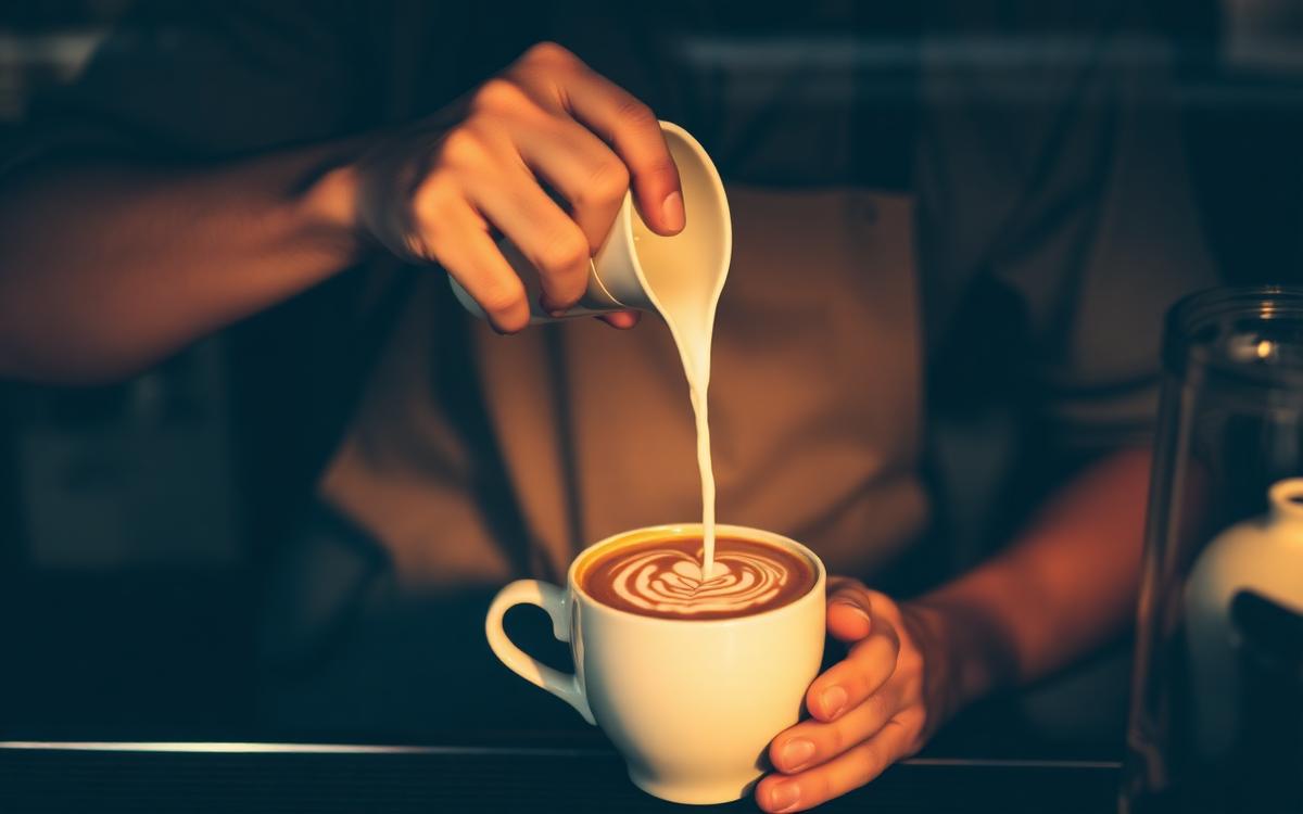 Barista pouring latte art into a white ceramic cup
