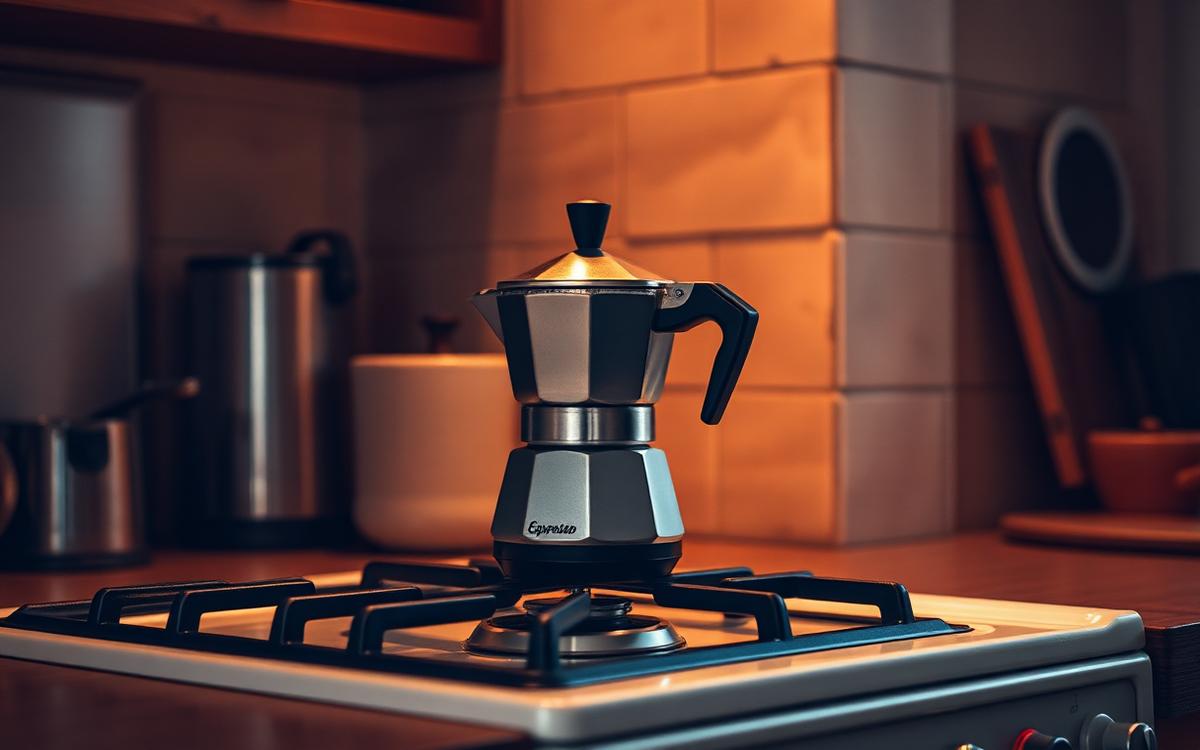 Aluminium moka pot brewing on a gas hob