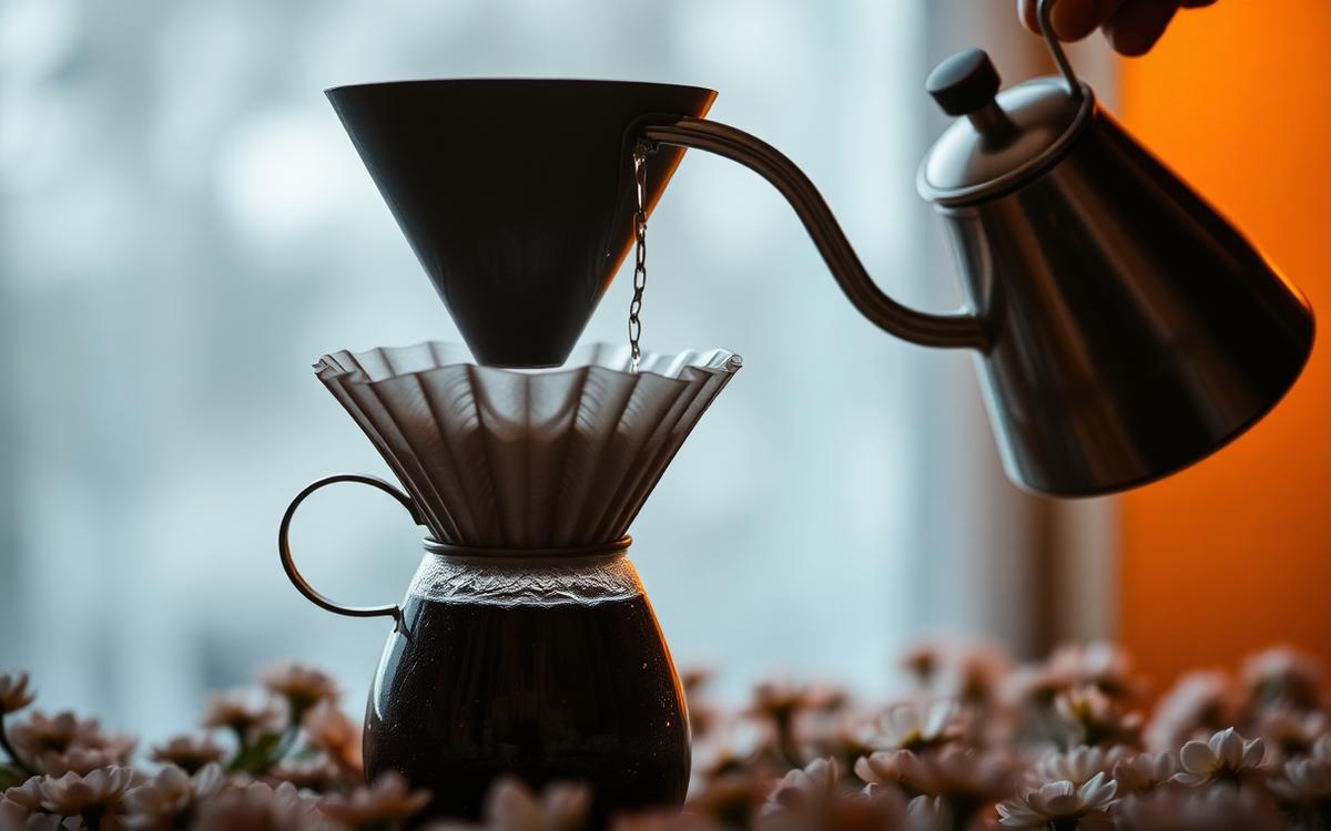 Gooseneck kettle pouring hot water into a V60 dripper
