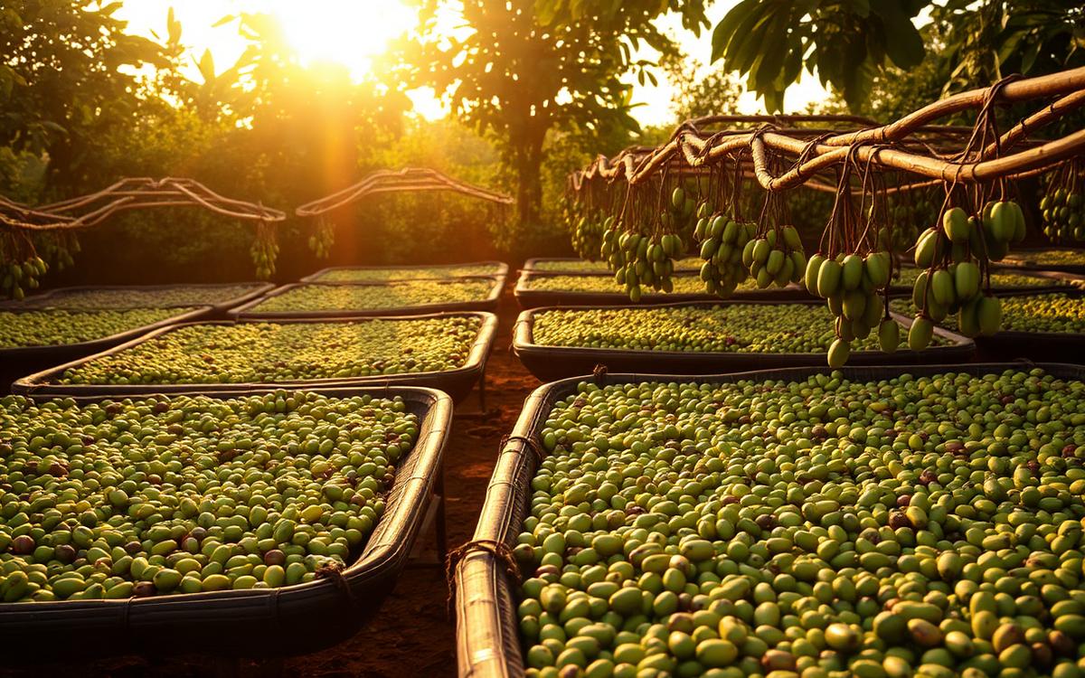 Coffee cherries drying on raised beds at a farm in golden sunlight