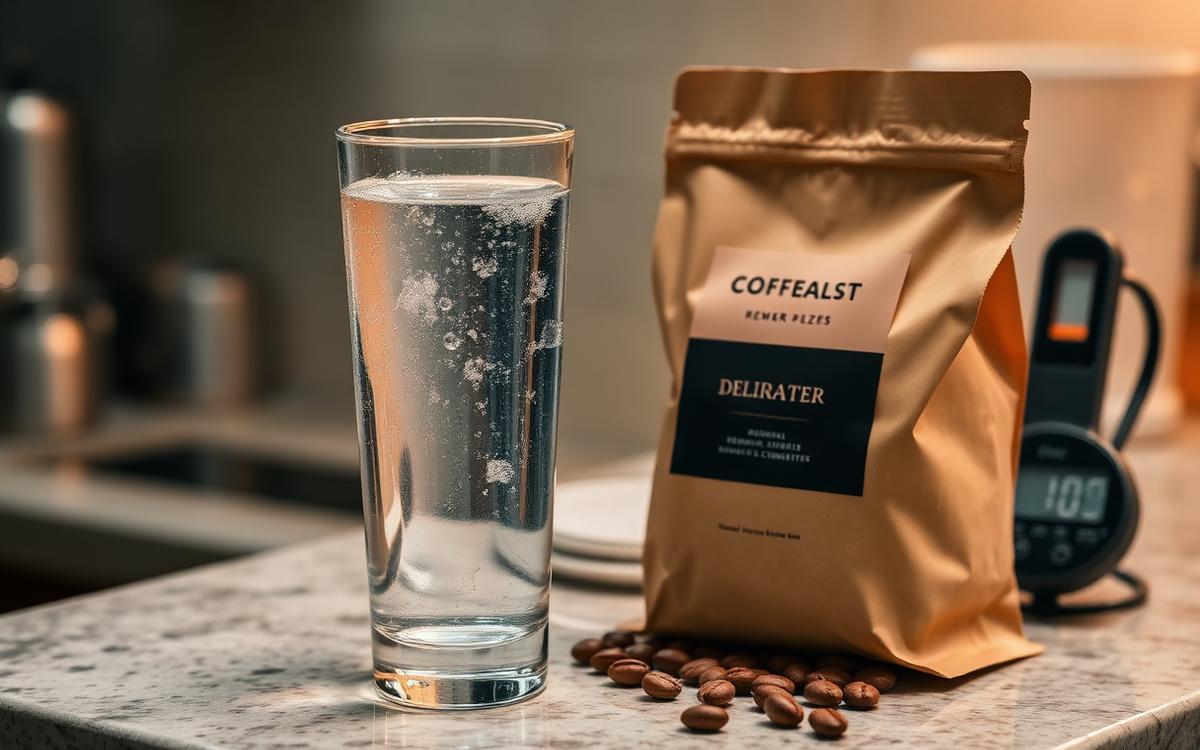 Glass of mineral water beside a bag of specialty coffee beans